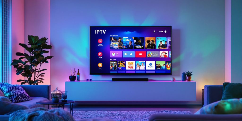 Cozy living room with a colorful IPTV display.