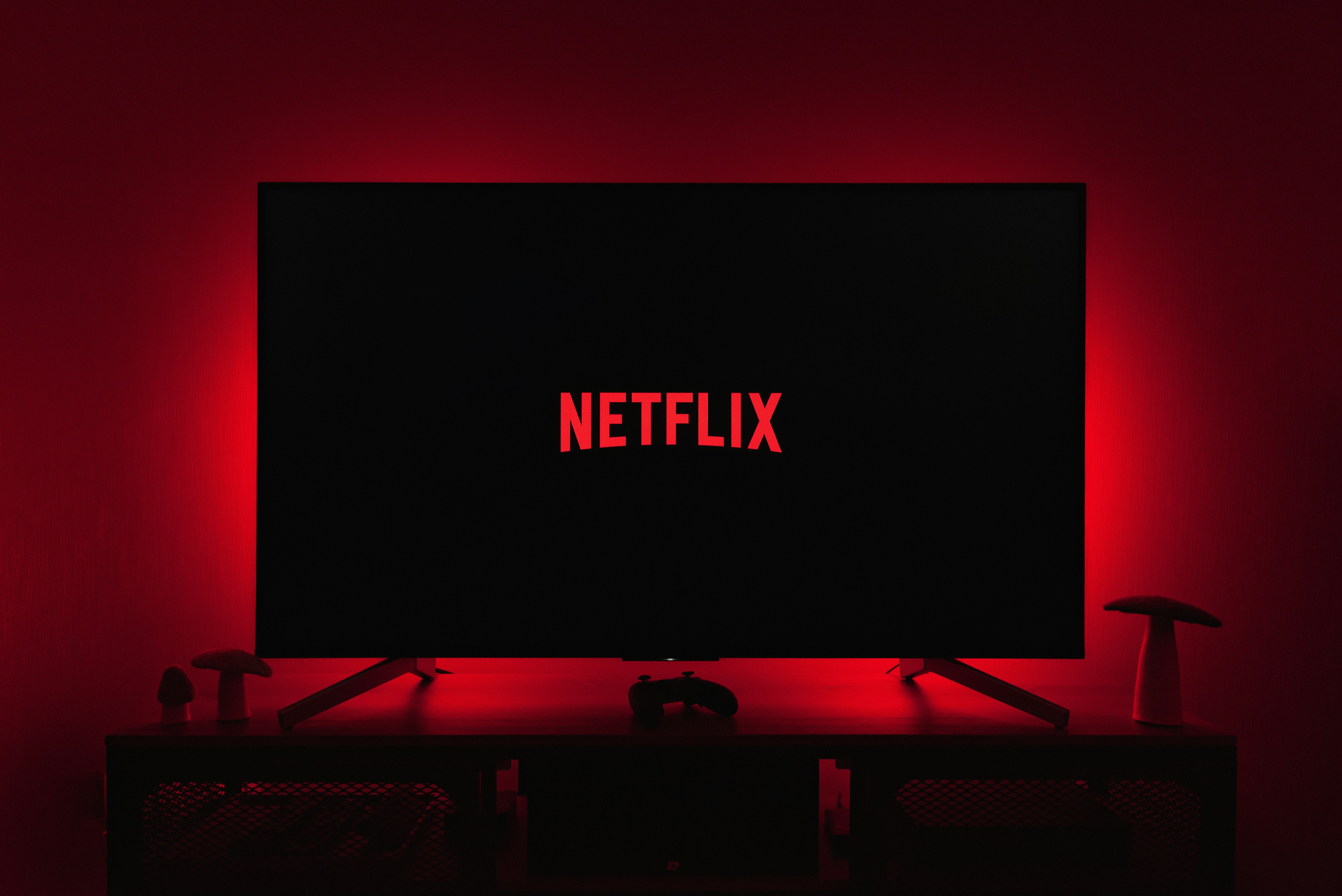 Netflix logo displayed on a television in a dark room
